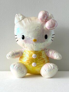 Vtg 1998 Sanrio HELLO KITTY Iridescent Shiny Plush Yellow Pink 12” Stuffed Toy